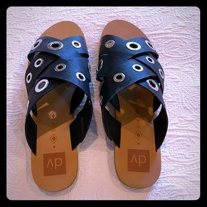 DV Brand black slides with silver grommets